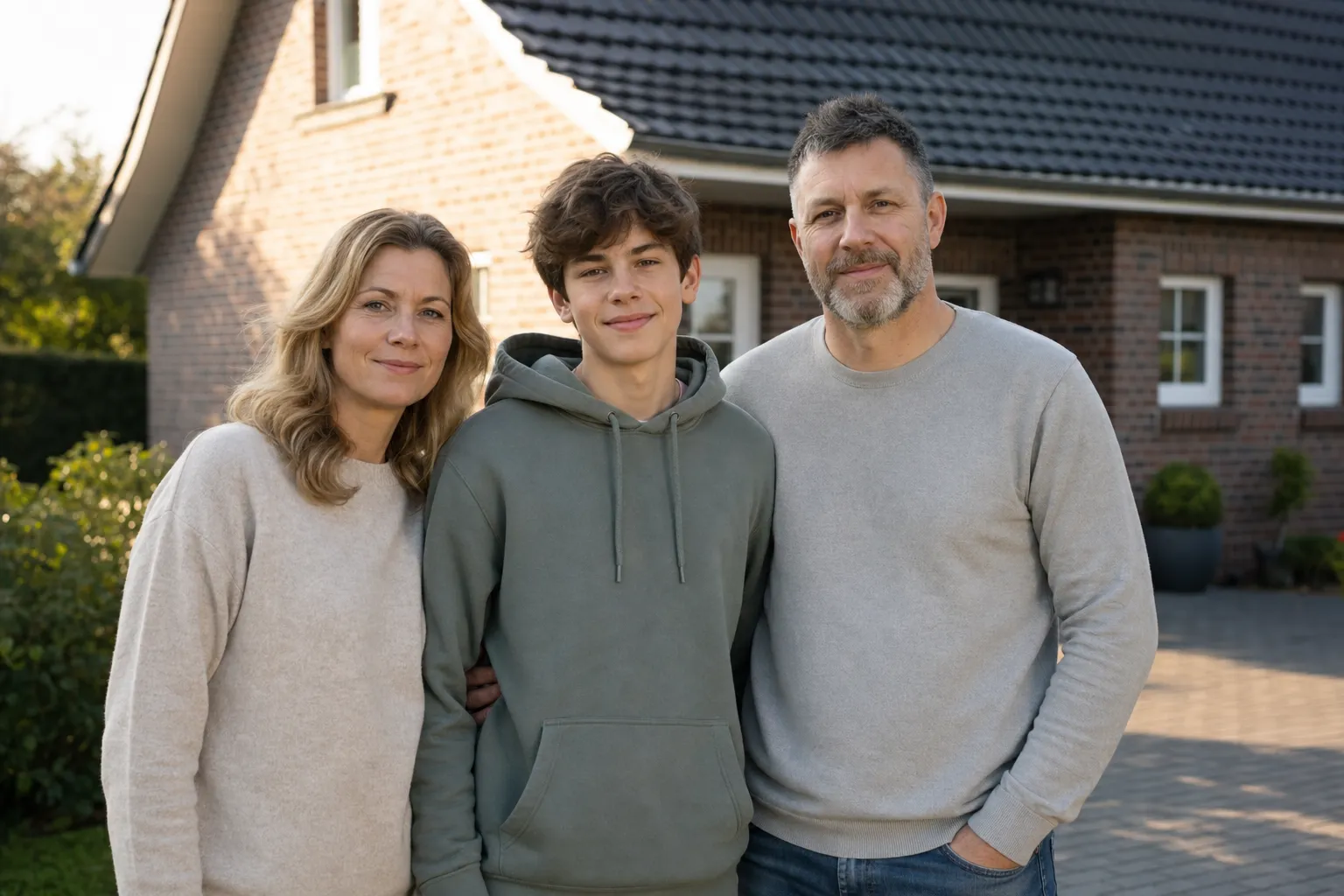 Familie vor ihrem Wohnhaus — Privatkunden im Wohnbereich